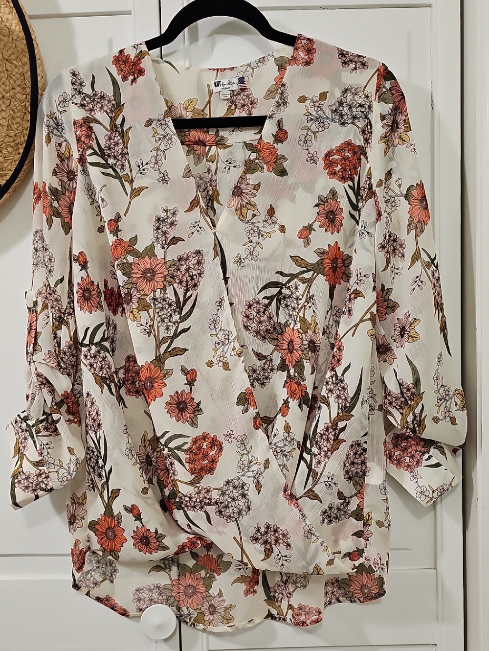 Kut From The Kloth Floral Wrap Blouse - White with Orange & Pink Floral